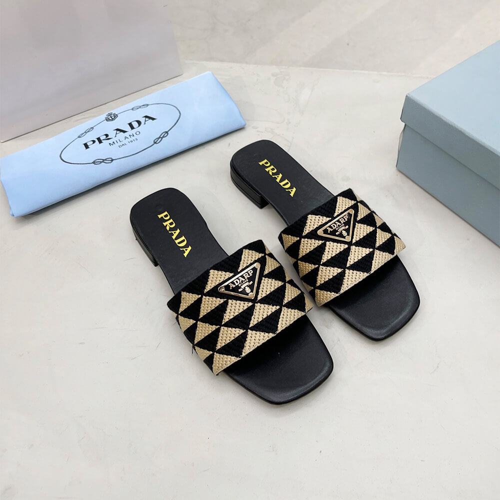 Prada Embroidered fabric slides