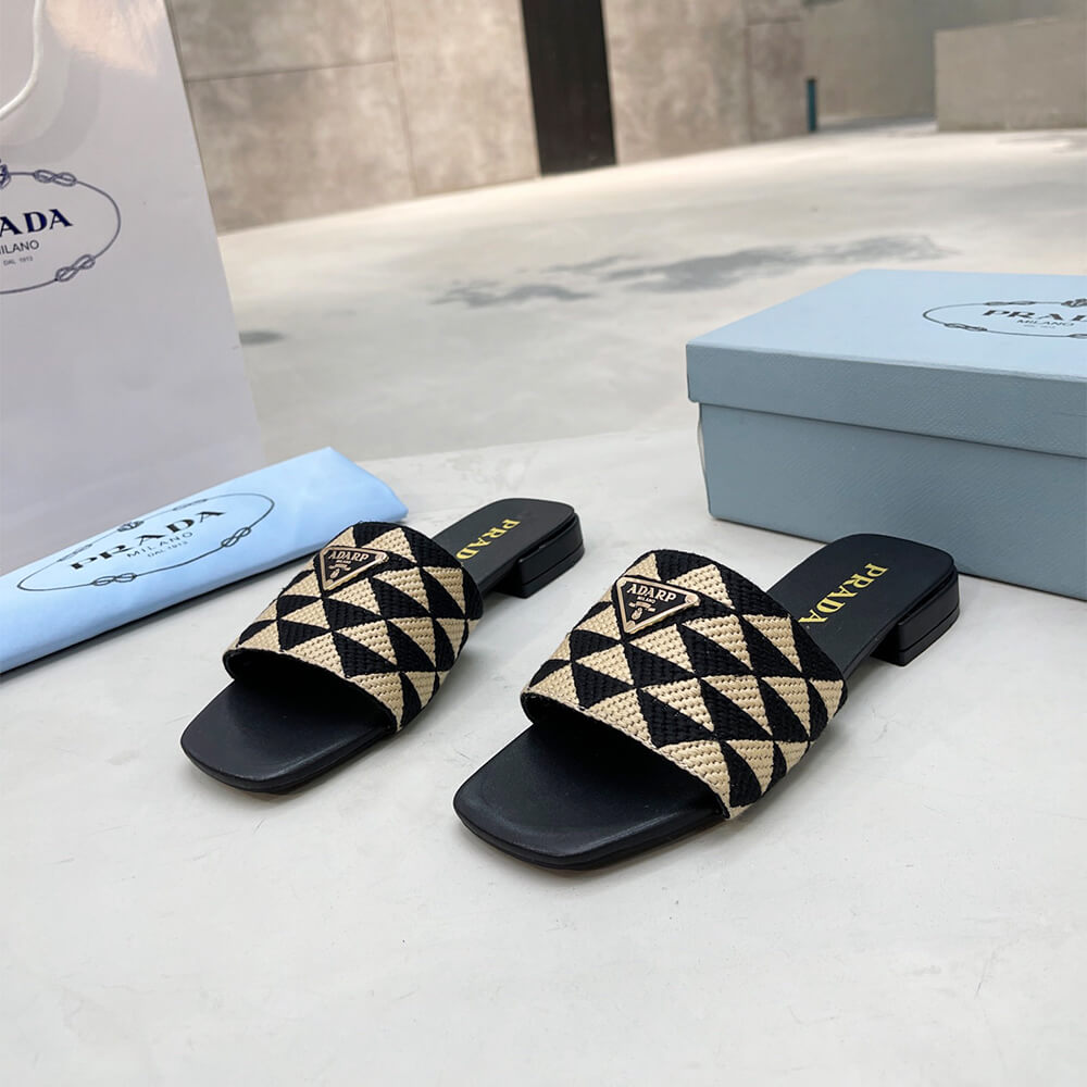 Prada Embroidered fabric slides