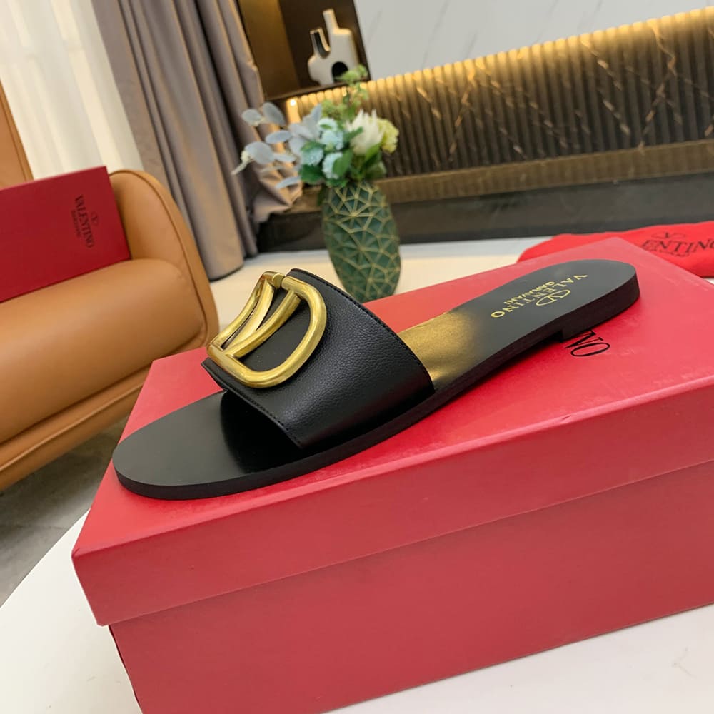 VALENTINO VLOGO SIGNATURE grained cowhide decorative elements slipper sandals (heel height 0.5 cm)